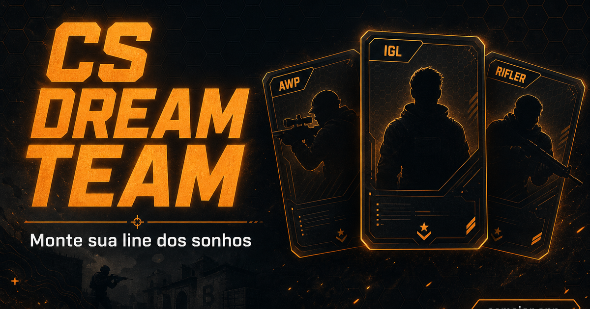 CS Dream Team — três cartas de jogador (AWP, IGL e Rifler) ao lado do título do jogo